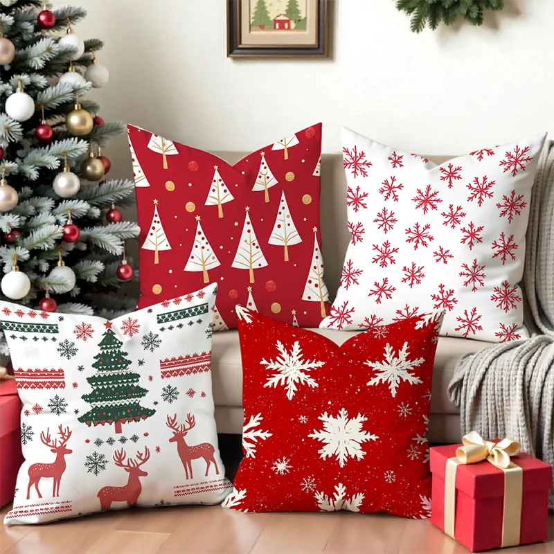 Christmas Tree Deer Snowflake Pattern Pillows Square Short Plush Pillowcase Modern Sofa Decorative Cushion Cover