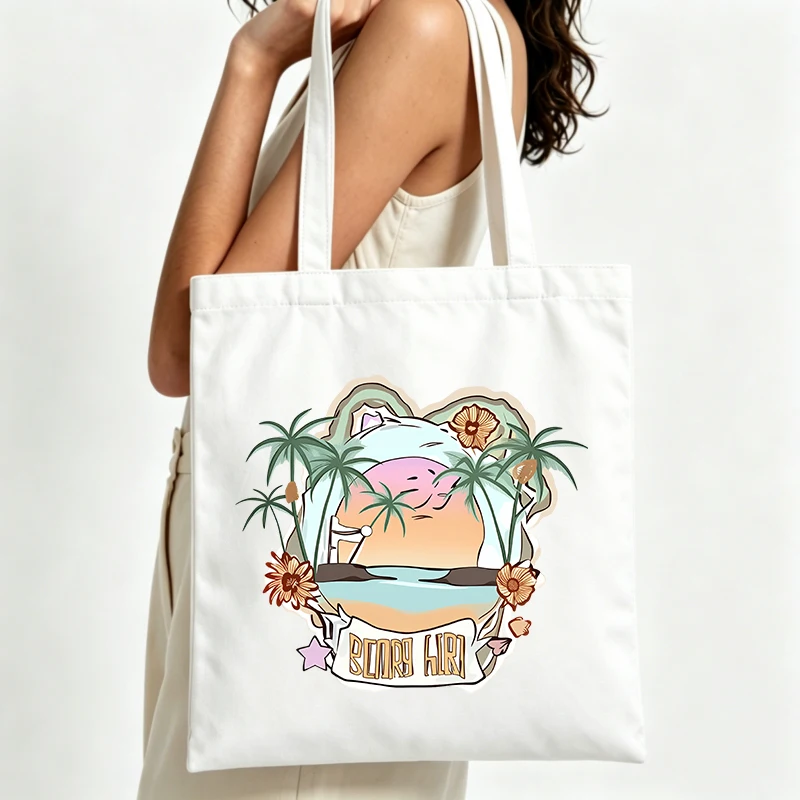 nature graphic canvas tote bag with palm trees and sunset, casual style for summer outings and daily shopping