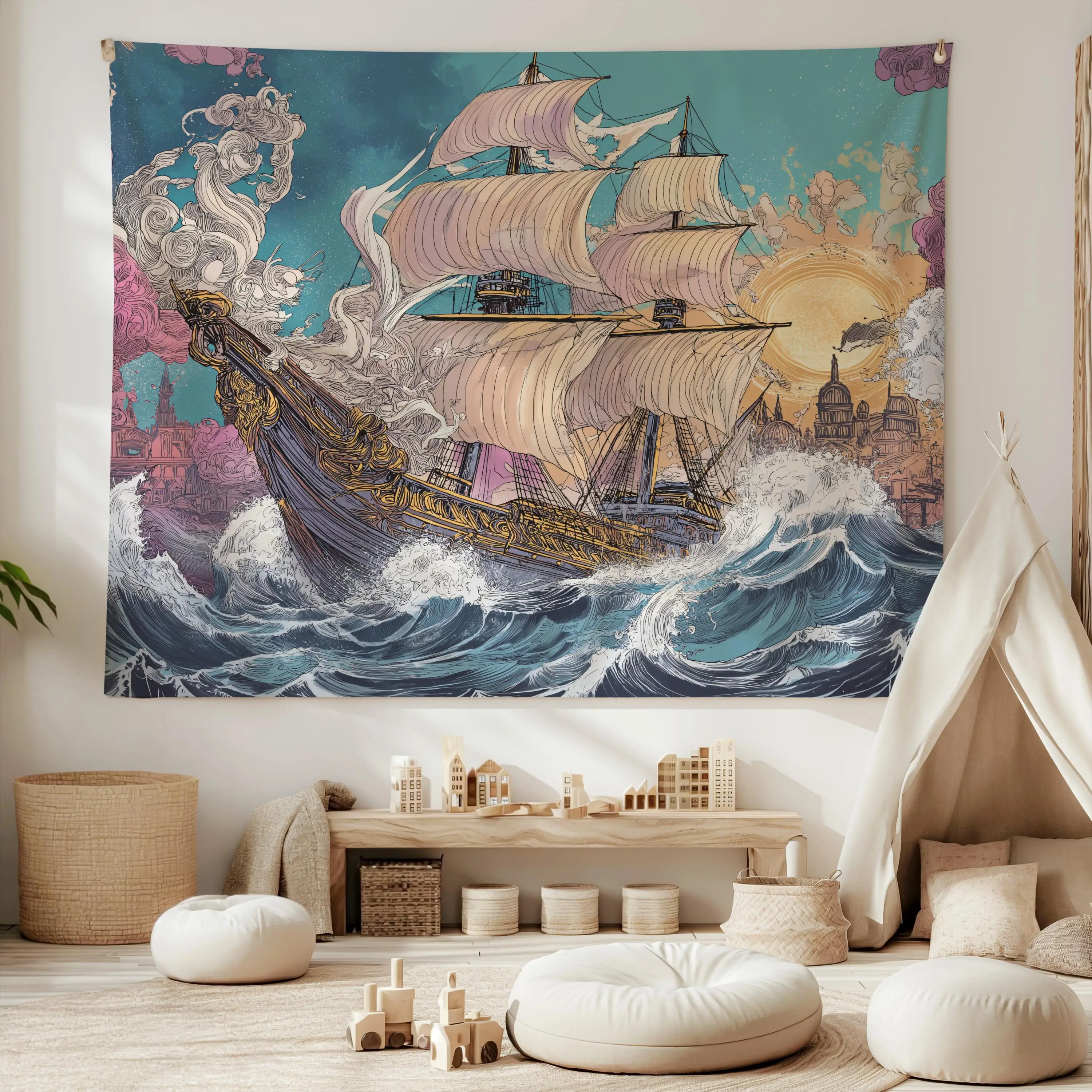 VIKAMA Retro Segelschiff Wandteppich Bohemian Hintergrundtuch Wohnzimmerdekoration Hängetuch Raumdekoration