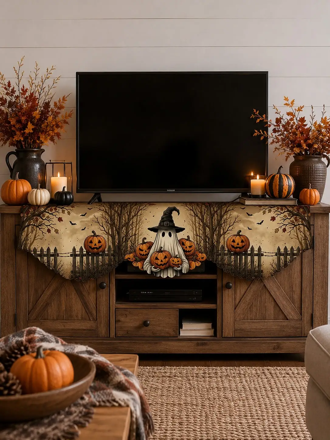 1pc Halloween Fireplace Mantel Scarf Farmhouse Style Rustic Spooky Farm Mantel Decorative Cloth, Witch Pumpkin Bare Tree Nature,Polyester Suitable For Indoor Fireplaces,Cabinets,TV Stands,Table Runner Decoration Seasonal Home Decor