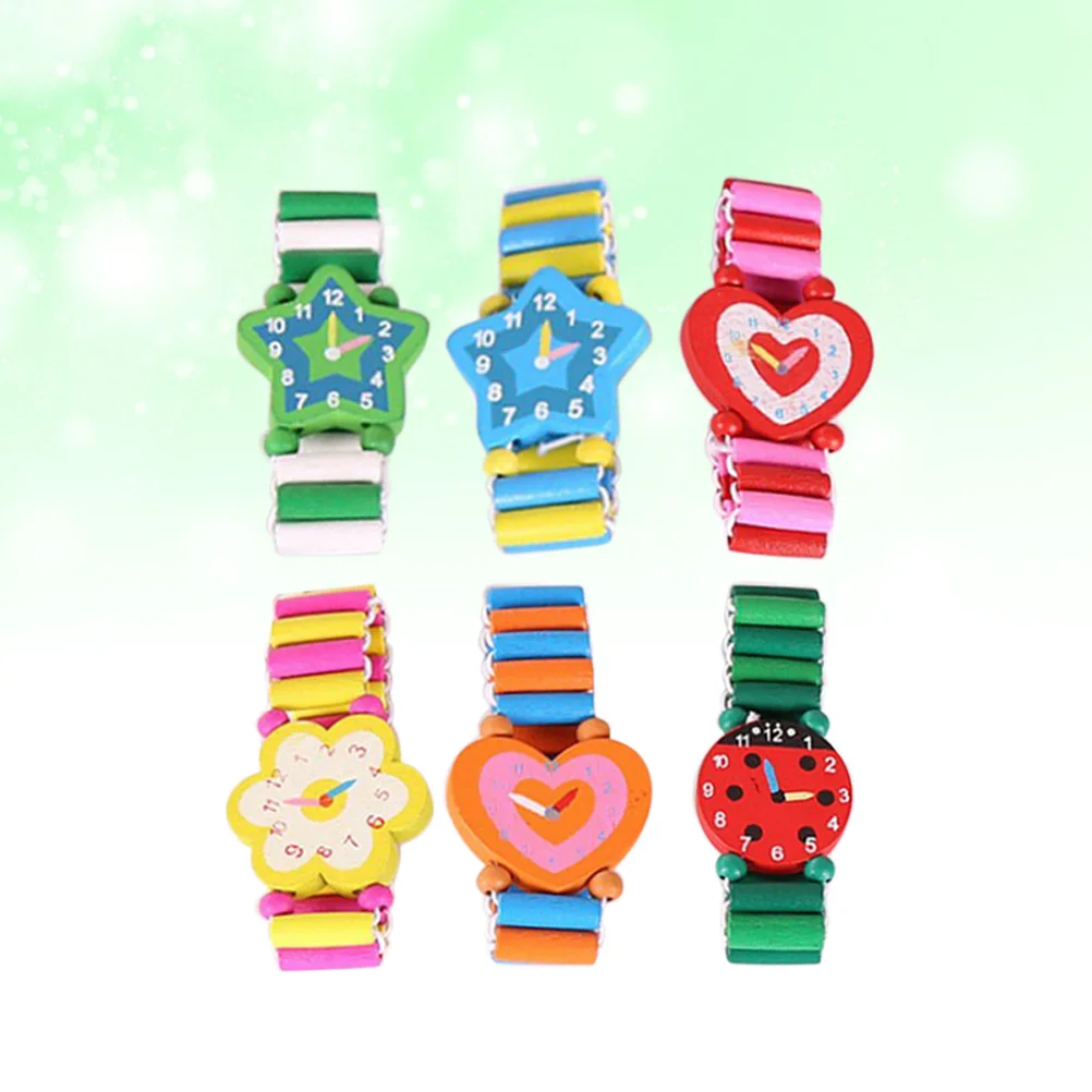 6pcs Wooden Watch For Kids Cartoon Pretend Play Educational Wood Crafts Safe Eco-Friendly Simulation Watches Cute Design