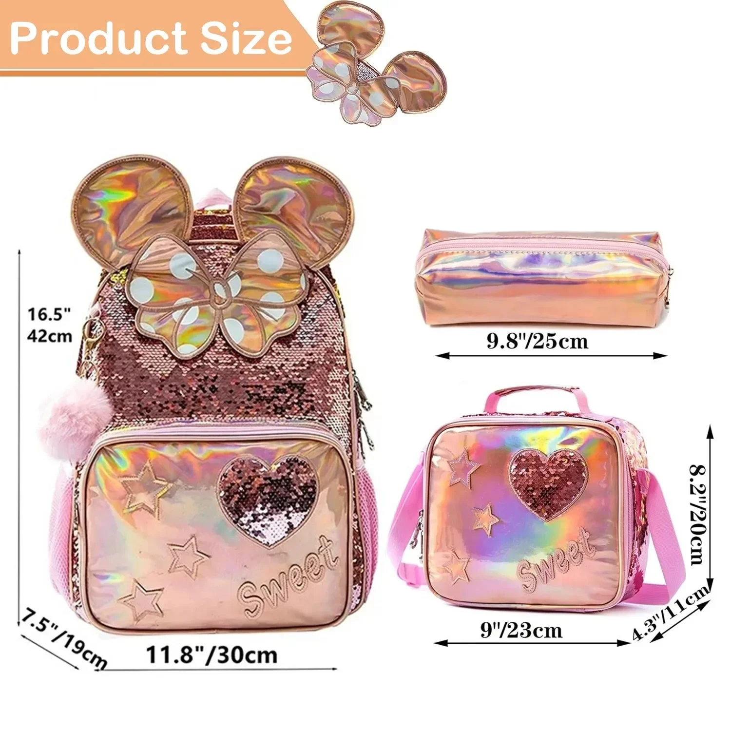 3PCS Backpack for Girls Kids Schoolbag Set with Lunch Bag Pen Case for Elementary Students Travel Sequin Primary School Backpack