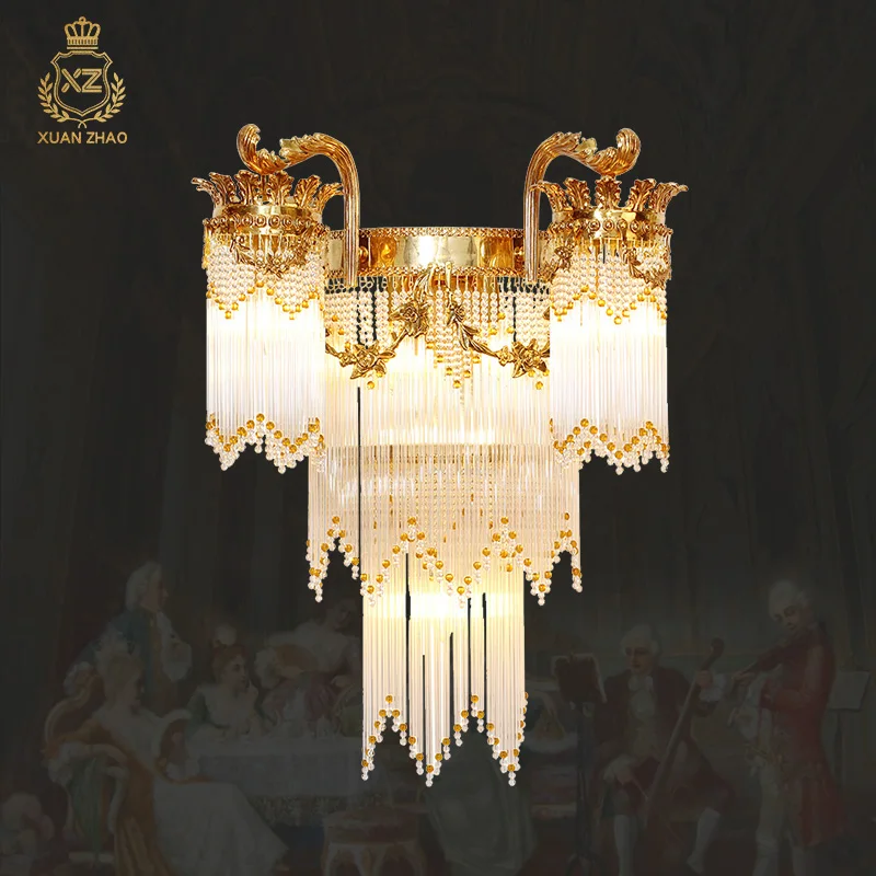 French Rococo Brass Crystal Wall Lights Hotel Villa Living Room Bedroom Lamp European Church Porch Copper Wall Sconce