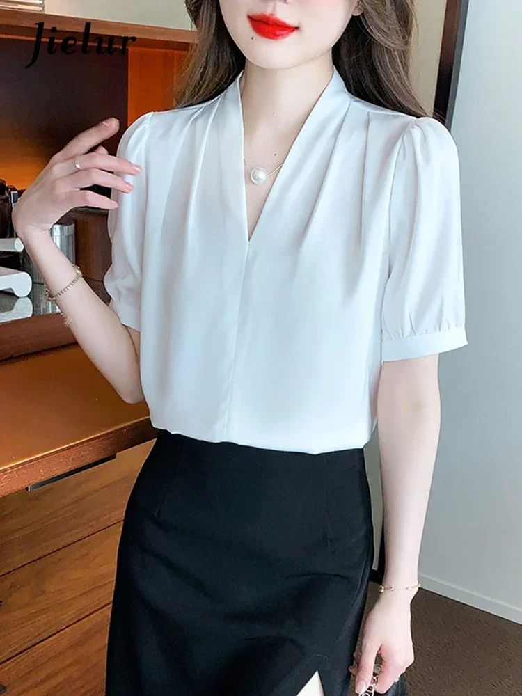 

Jielur новые однотонные женские блузки с пышными рукавами и v-образным вырезом, тонкая элегантная летняя женская блузка, модная повседневная уличная одежда, наряды