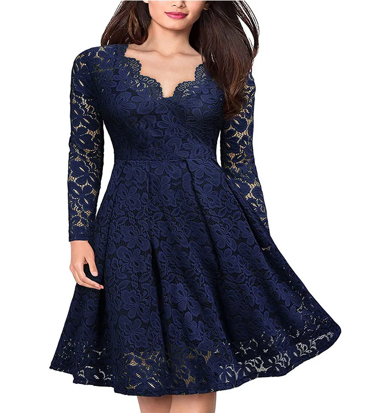 

2024 new long-sleeved dress European and American women's ebay lace V-neck swing dress women