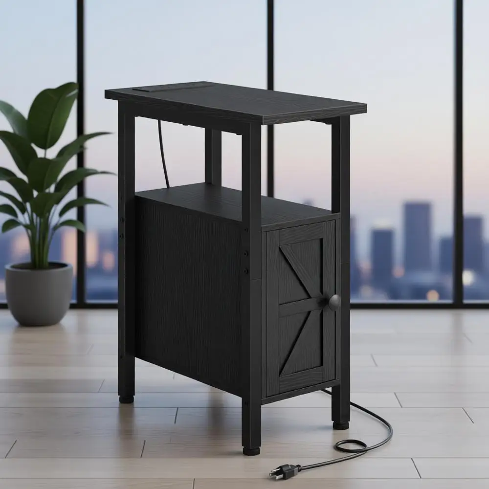 

Прикроватная тумбочка для зарядной станции, тонкий приставной столик для небольших помещений, 2 розетки переменного тока, 1 USB, 1 порт Type-C, идеально подходит для гостиной и кровати