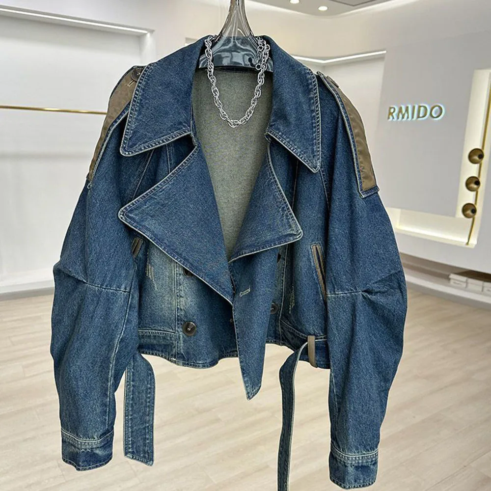 

Spring Autumn Retro Distressed Patchwork Leather Denim Coat Female Casual Short Jacket Tops For Women's Casual Loose Outerwear