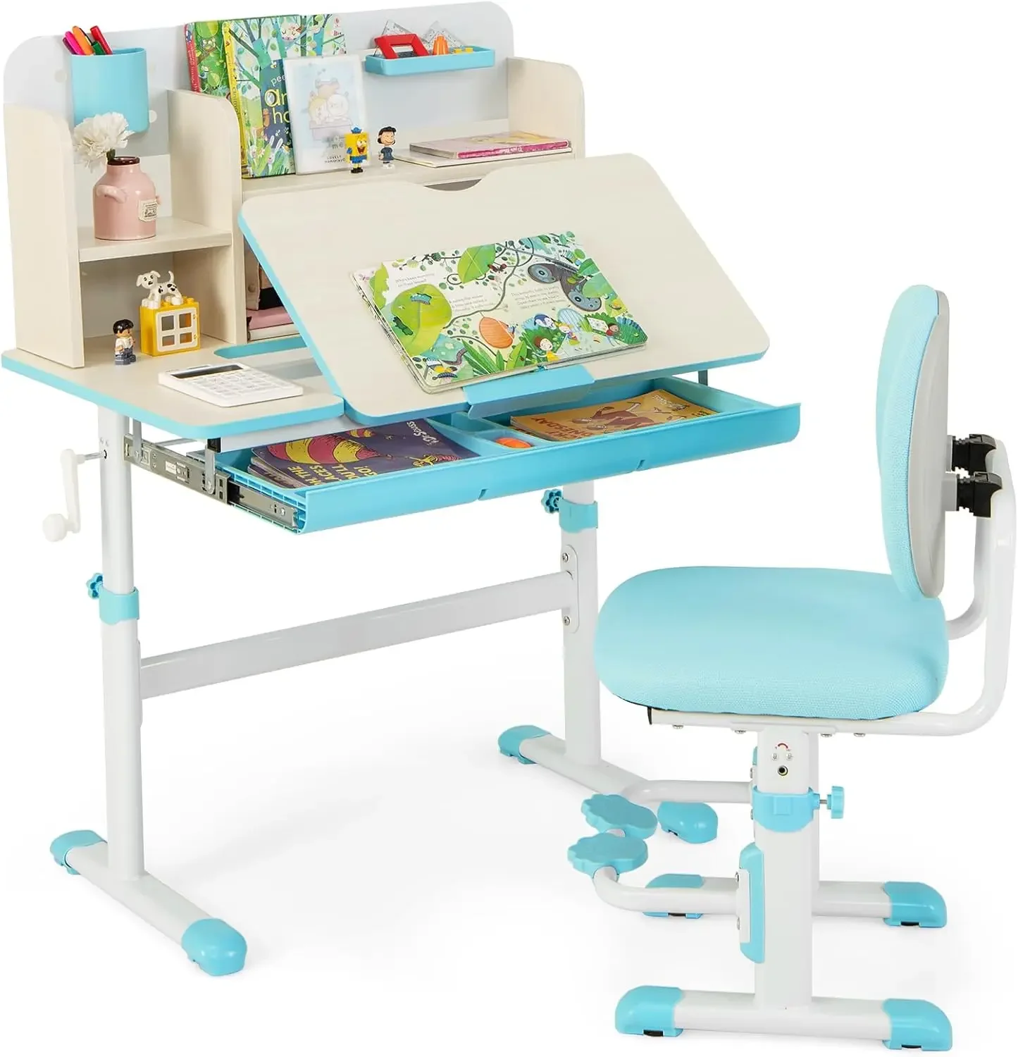 

Kids Desk and Chair Set, Height Adjustable Children School Study Table and Chair Set w/Tilt Desktop, Storage Drawer Hutch,