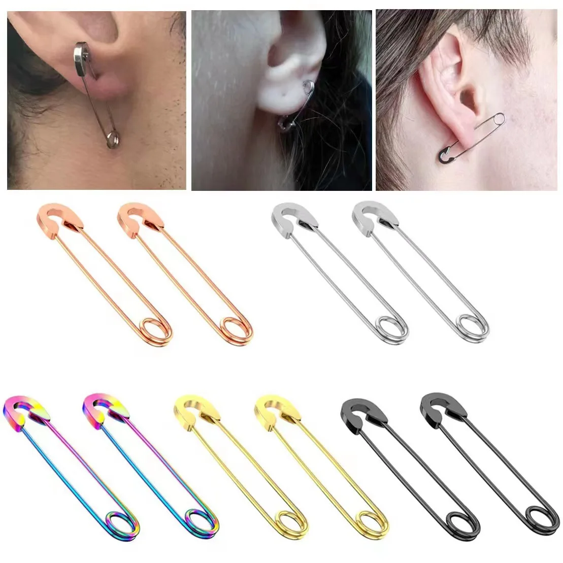 Punk Unisex Stainless Steel Paper Clip Earrings Simple Long U Shape Classic Safety Pin Multiple Way Piercing Ear Hoops Hip Hop