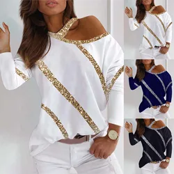 Women's Blouses New Long Sleeve Loose Off Shoulder Sexy Casual Pullover Bright Gold Fashion Comfortable Blouses футболка женская