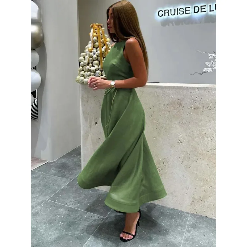 Bonny elegante abito da donna in cotone verde moda o-collo abiti senza maniche casual nuova vita alta a-line abiti a metà polpaccio femminile