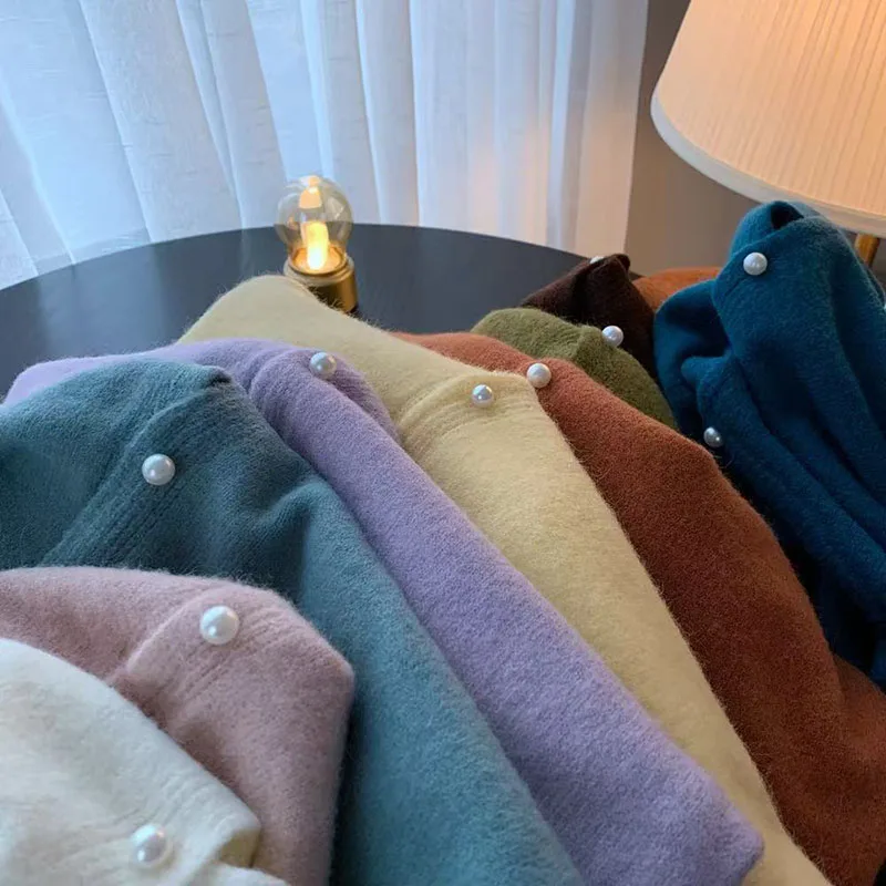 Autumn O Neck Knitted Cardigan for Women Korean Pearl Buttons Design Long Sleeve Tops Y2K Loose All Match Warm Knitwear Mujer