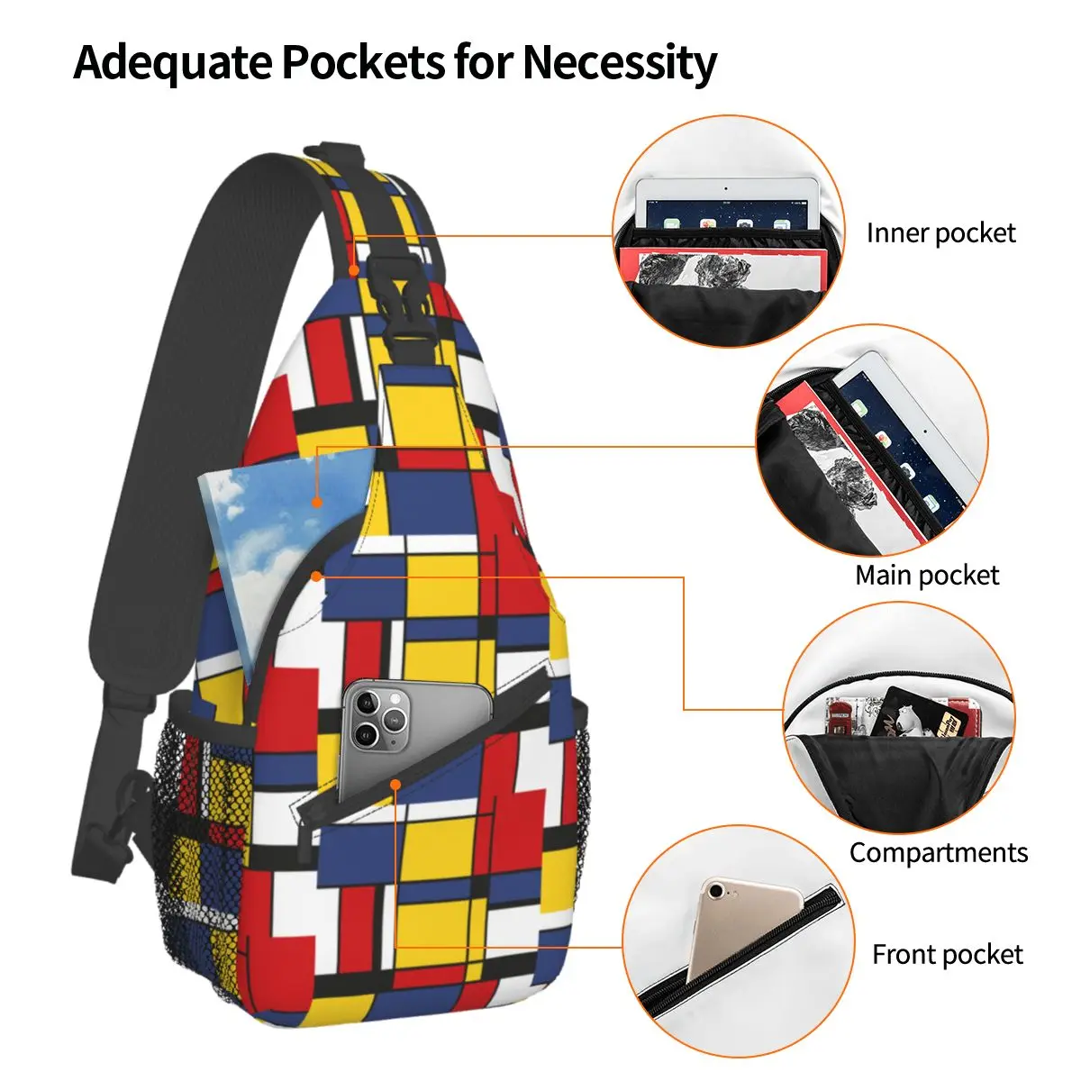 Mondrian Geometric Crossbody Sling Bags Fashion Chest Bag Art Abstract Shoulder Backpack Daypack for Travel Hiking Sports Pack