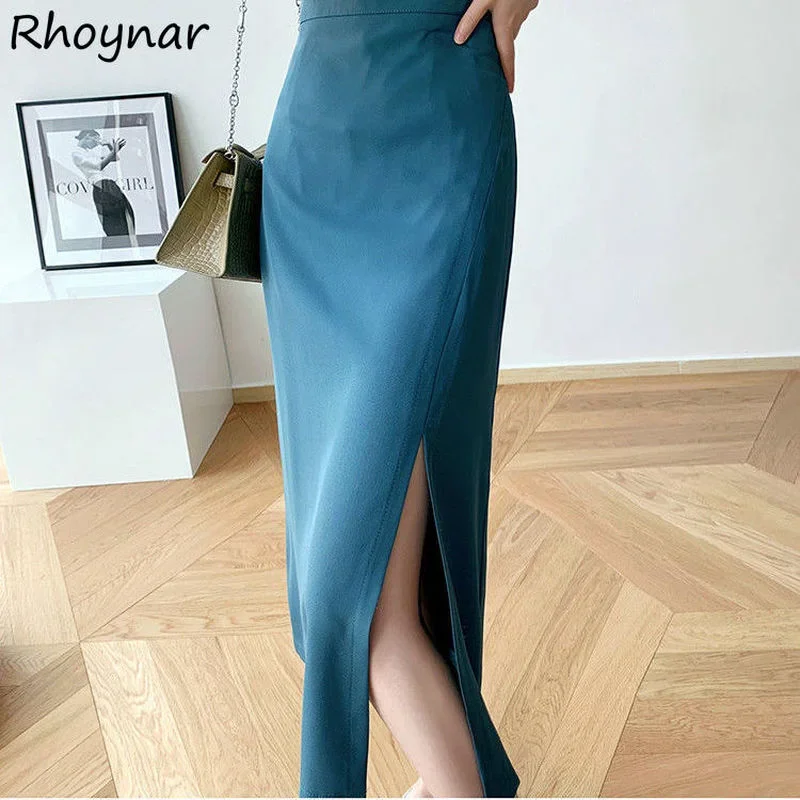 

Skirts Women A-line Empire Solid Side Split Design Tender Elegant Office Ladies Pull Vintage Simple All-match Autumn Casual Bf