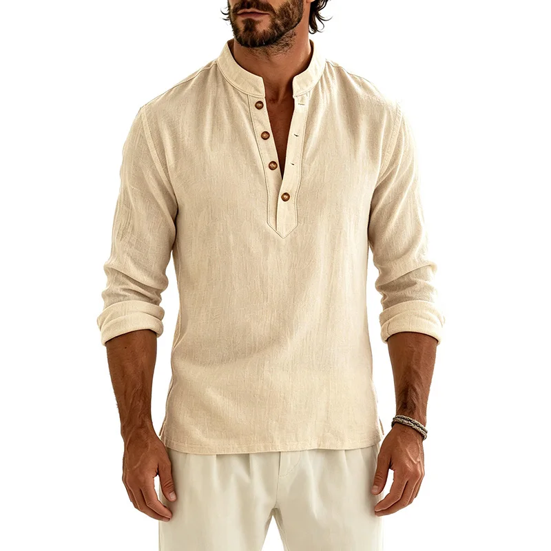 Men Cotton Linen Long Sleeve Shirt Mandarin Collar Half Button Loose Fit Spring Autumn Daily Casual Soft Breathable Basic Tops