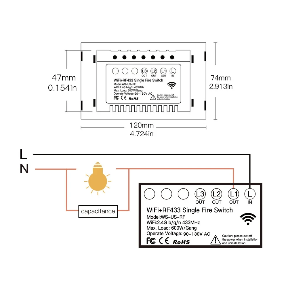 NEW WiFi Smart Light Switch RF433 No Neutral Wire Single Fire Smart Life Tuya App Control Works with Alexa Google Home 110V 220V