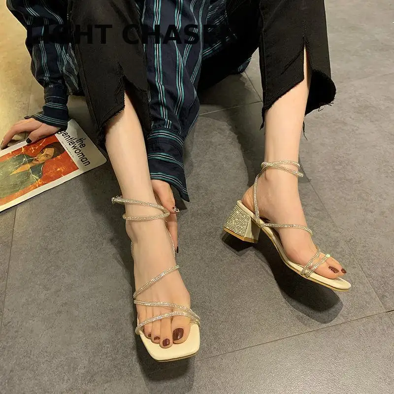 2022 Hot Sale Cross Tied Sandals Women Summer Beach Sandals Simple Ladies Square Toe High Heels Rhinestone Low Heel Dress Shoes