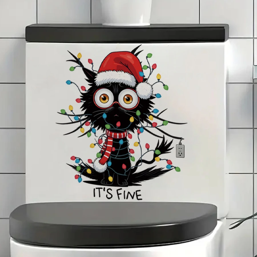 Frohe Weihnachten, lustige Katze mit Lichtern, Toilettenaufkleber – abnehmbare Weihnachtsmütze aus PVC für Toilettengäste, Badezimmer, Wohnung, Dekoration
