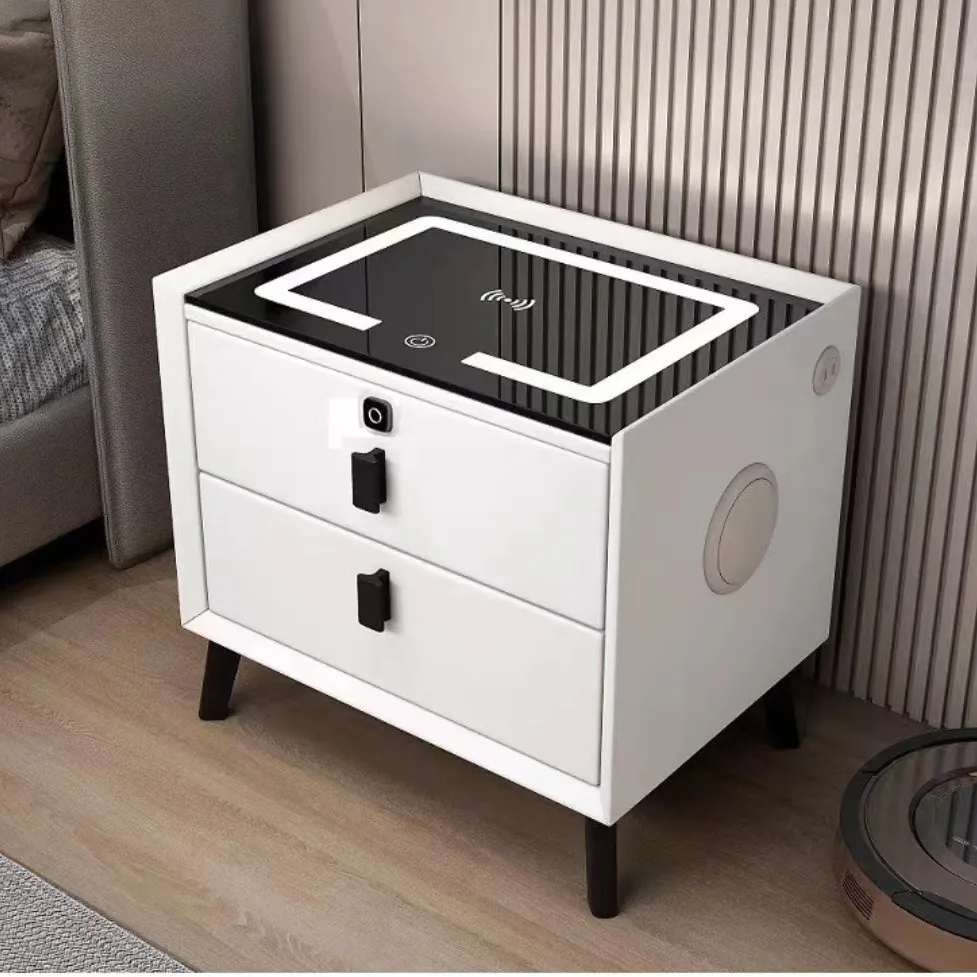 منضدة ذكية جديدة وحديثة وبسيطة من الخشب الصلب وشحن لاسلكي وطاولة بجانب السرير الذكية #6