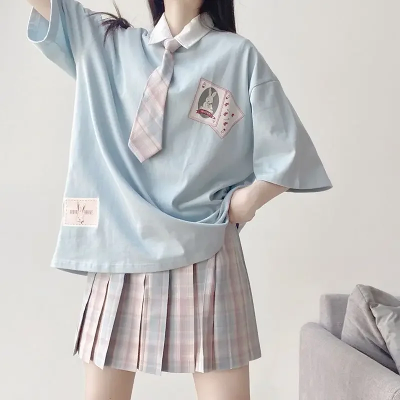 

Preppy Japan Jk Uniform Skirt Suit Soft Girl Cute Rabbit Print Short-sleeved T-shirt Grid Pleated Skirt 2022 Suit/single Piece