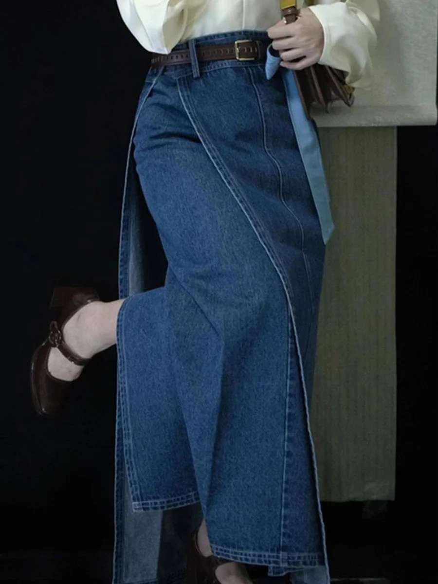 กระโปรงยีนส์เอวสูงสไตล์วินเทจแบบจีนใหม่ กระโปรงยาวปานกลางสำหรับผู้หญิง คอลเลคชั่นฤดูใบไม้ร่วง วิดีโอพิเศษ กระโปรงดีไซน์โดดเด่นไม่ซ้ำใคร