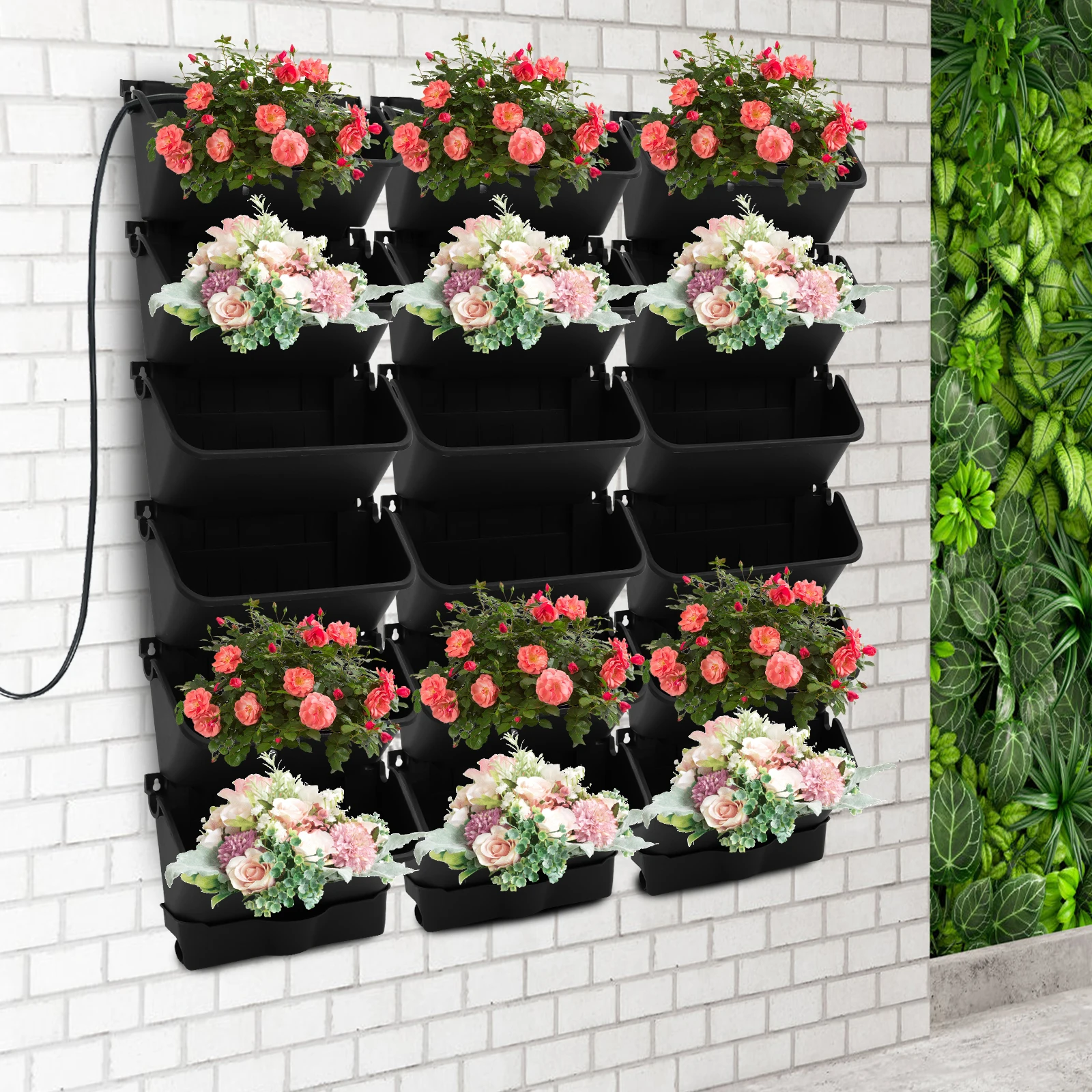 Outdoor Power With Timer - 18 وعاء زراعة عمودي أسود للتعليق