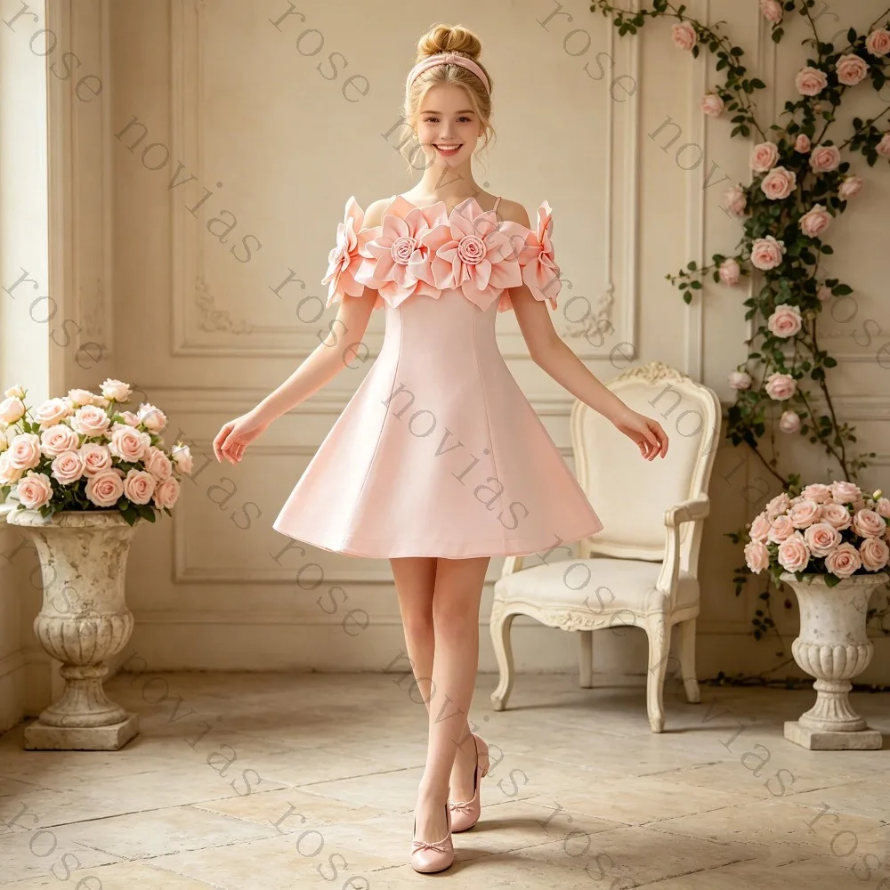 Customized Pink Satin Girls Dress 2026 3D Flower Off Shoulder A-line Gown for Wedding Baptism First Communion Party Costume