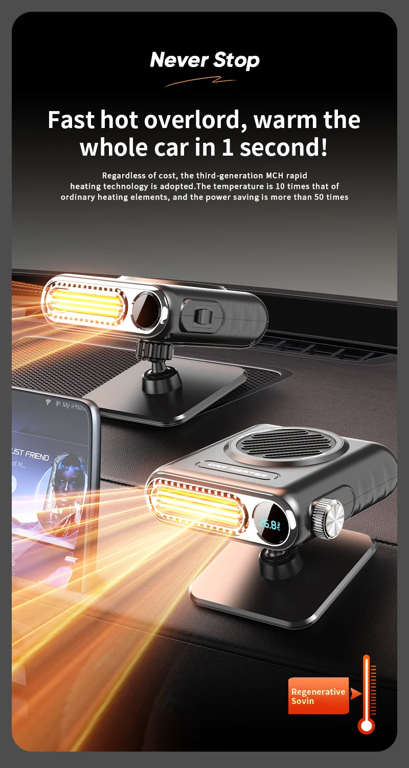 

Electric Car Heater Air Cooler Fan 12V/24V Portable Defogging&Defrosting Heating Fan 150W High Power Dryer Display Temperature