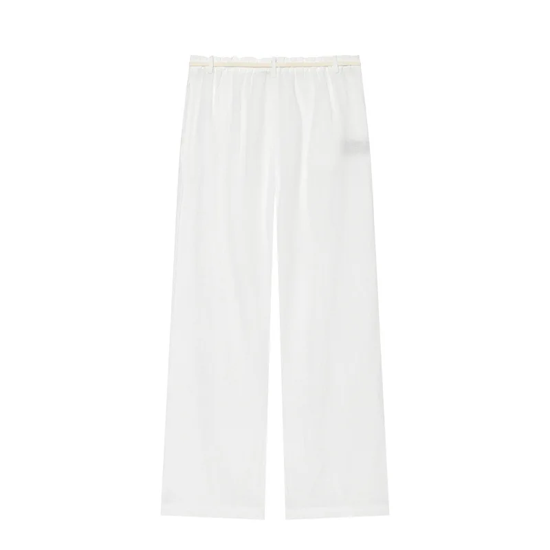 NINE ZAR Women's Fashion Set Long Sleeve Shirt with Frayed Hem And Belted Mix Fabric Pants Summer Collection Two-Piece Suit