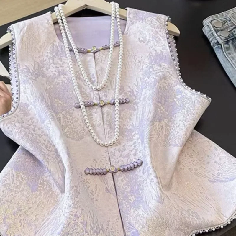 2026 Spring Women New New Chinese Purple Printed Vest Young Age Reducing Foreign Style National Style Elegant White Vest Female