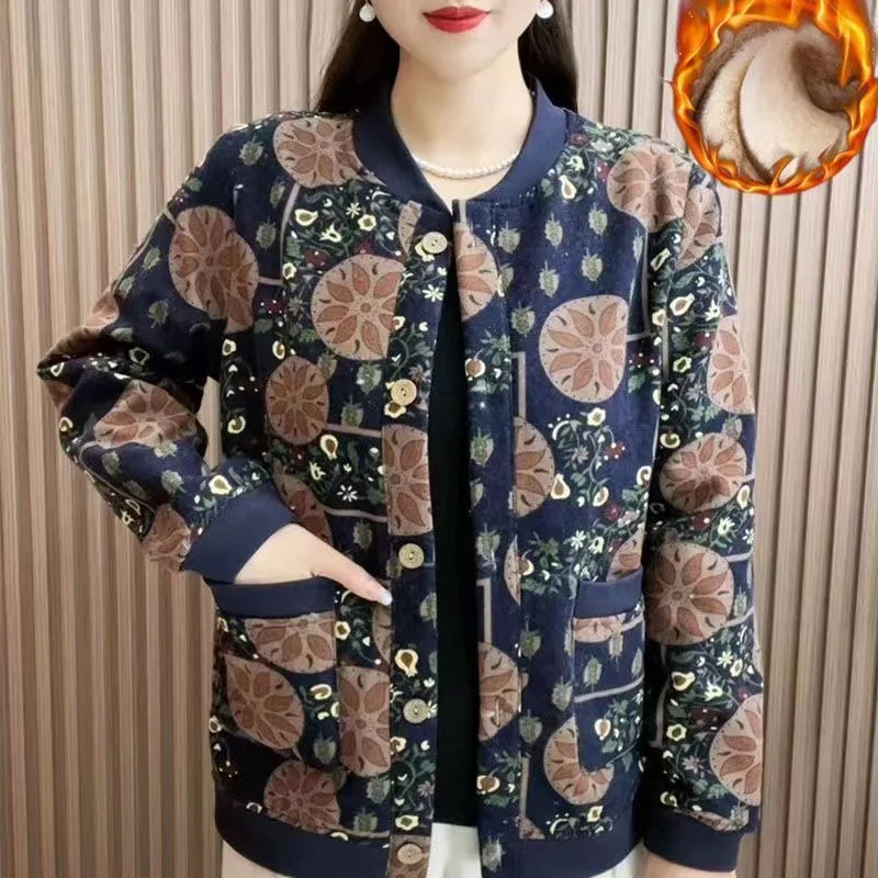 Vintage Floral Fleece Lined Jacket Women Autumn Winter Loose Casual Coat For Middle Aged Mothers
