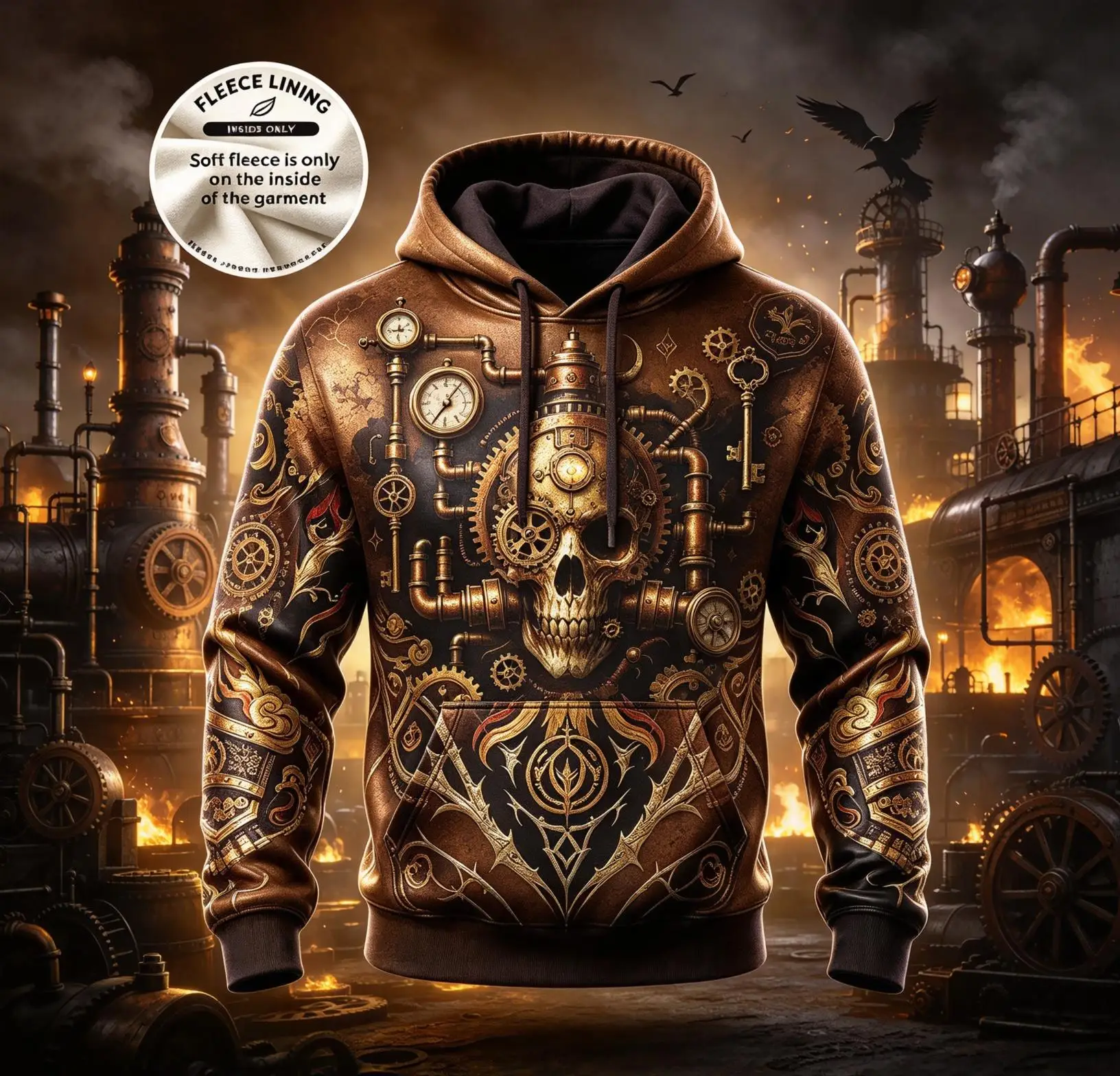 Men Steampunk Skull Gear Fleece Hoodie, Vintage Clock Pipe Raven Full Print Pullover