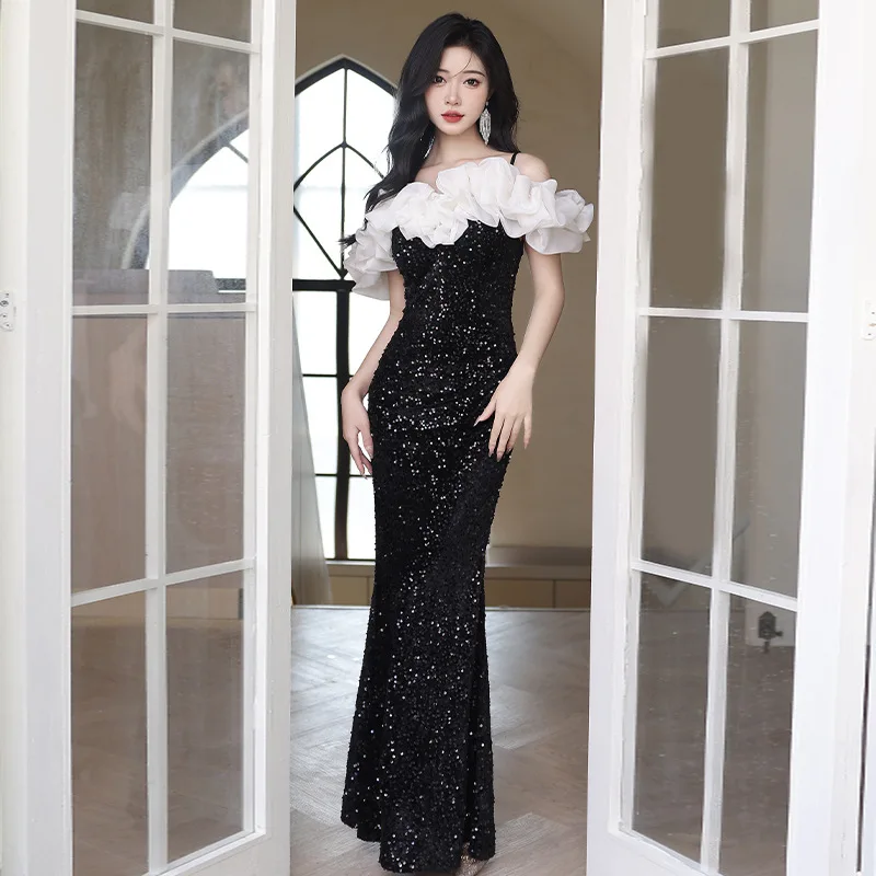 Black Paillette Evening Dress Light Luxury High-End Niche New Style Spring Birthday Banquet Dinner Suit Sense