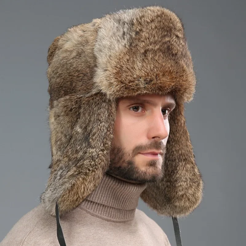 

Rabbit Fur Hat for Men Russian Winter Fur Hat, Thickened Outdoor Warm Ear Protection Hat