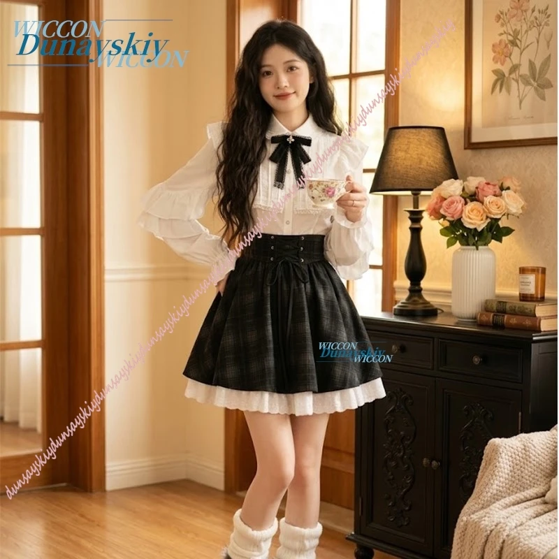 

Sweet Lace Ruffle Side Length Sleeve Top Two-Piece Set Jirai Kei Role-Playing Skirt Set High Waiste Fashion Dark Cosplay Costume
