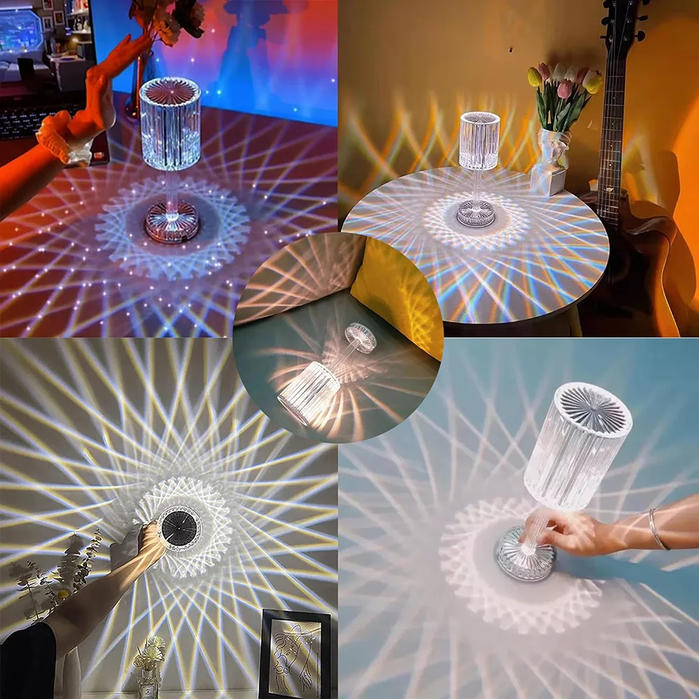 Rechargeable 3D Diamond Crystal Table Lamp Touch RGB Color Changing Bedside Night Lights Acrylic Cordless Table Nightstand Lamp