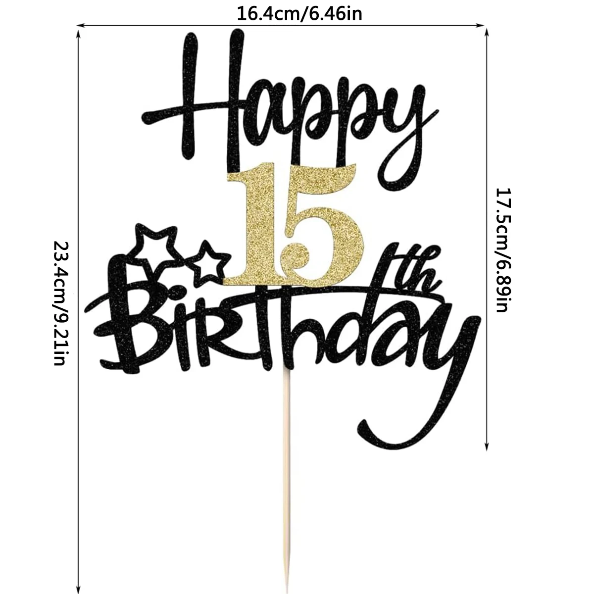 قطعتان من كعكة عيد الميلاد Happy15th باللون الذهبي والأسود لتزيين كعكة عيد الميلاد لمستلزمات زينة حفلات الذكرى السنوية