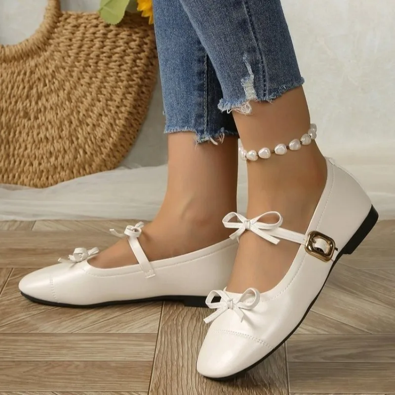 Spring Autumn Silver Women Shoes Internal Elevation Buckle Strap Shoes Elegant Butterfly-knot Casual Ballet Flat Shoes