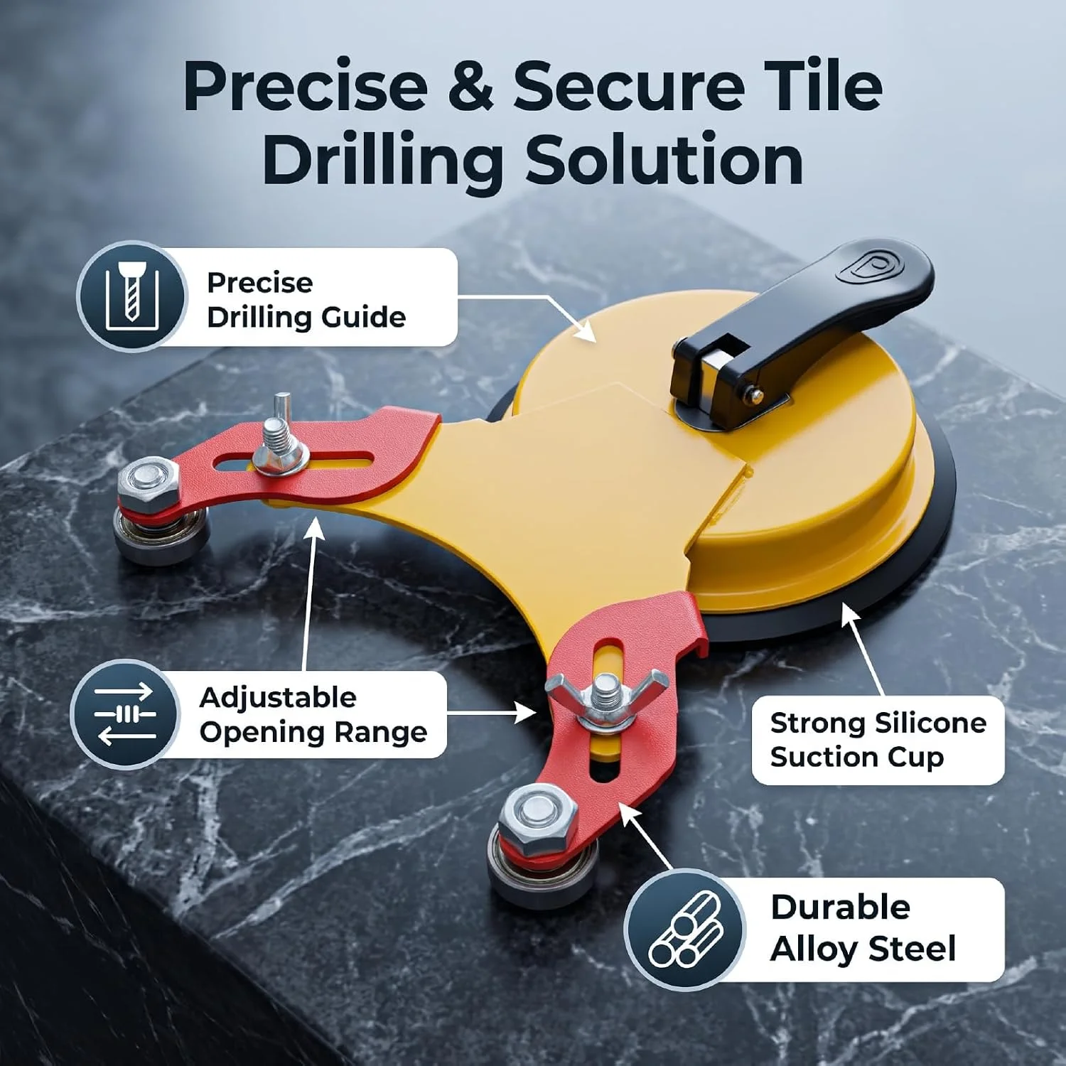 Suction Cup Tile Drilling Locator 30kg Force 3.35-5.71in Glass Drill Guide Silicone and Alloy Steel Abs Buckle Tile Glass