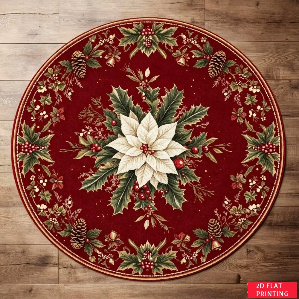 Elegant Red Poinsettia Holly Berry Pinecone Wreath Round Rug For Traditional Dining Area Featuring Classic Holiday Floral Carpet