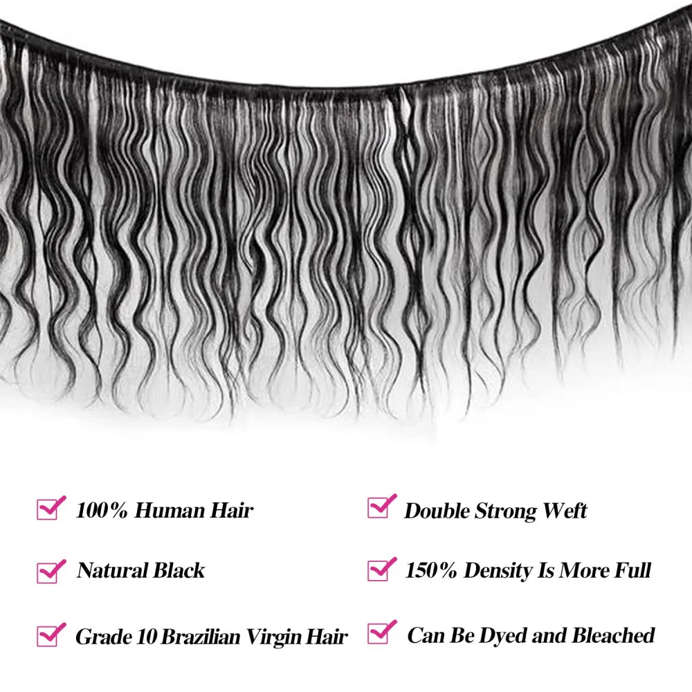 Body Wave 3 bundel ekstensi rambut manusia 28 30 inci Frontal 13x4 bundel rambut manusia Brasil renda dengan penutup hitam alami