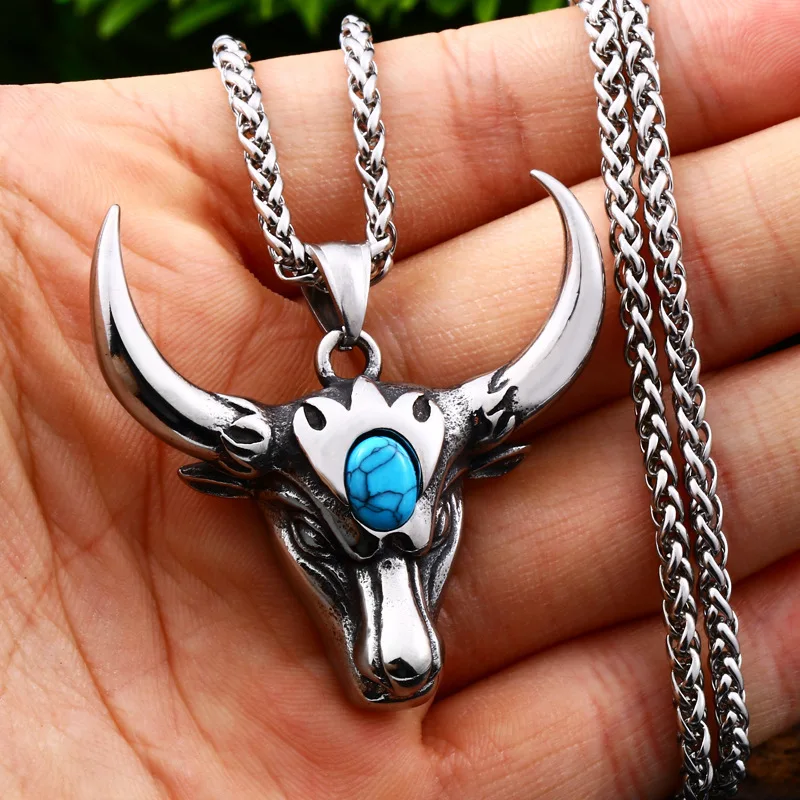 Domineering Nordic  Turquoise Bull Head Animal Pendant Necklace Men\'s Biker Punk Trend Jewelry