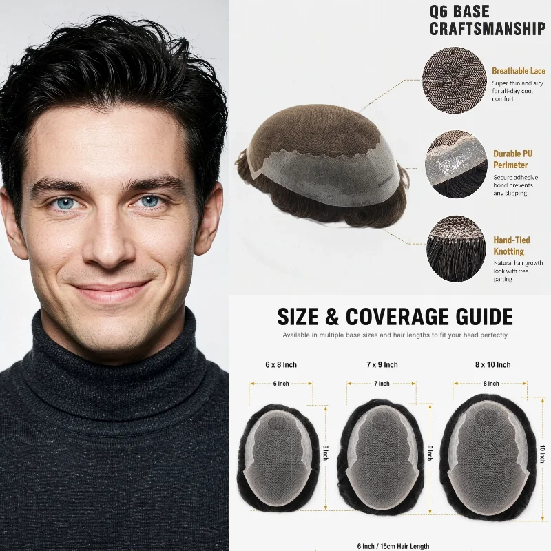 100% Human Hair Q6 Base Men Hairpiece 6x8 6inch 30mm Wave Lace+PU Hand-Tied Remy Hair Ready Stock 72H Delivery Wholesale