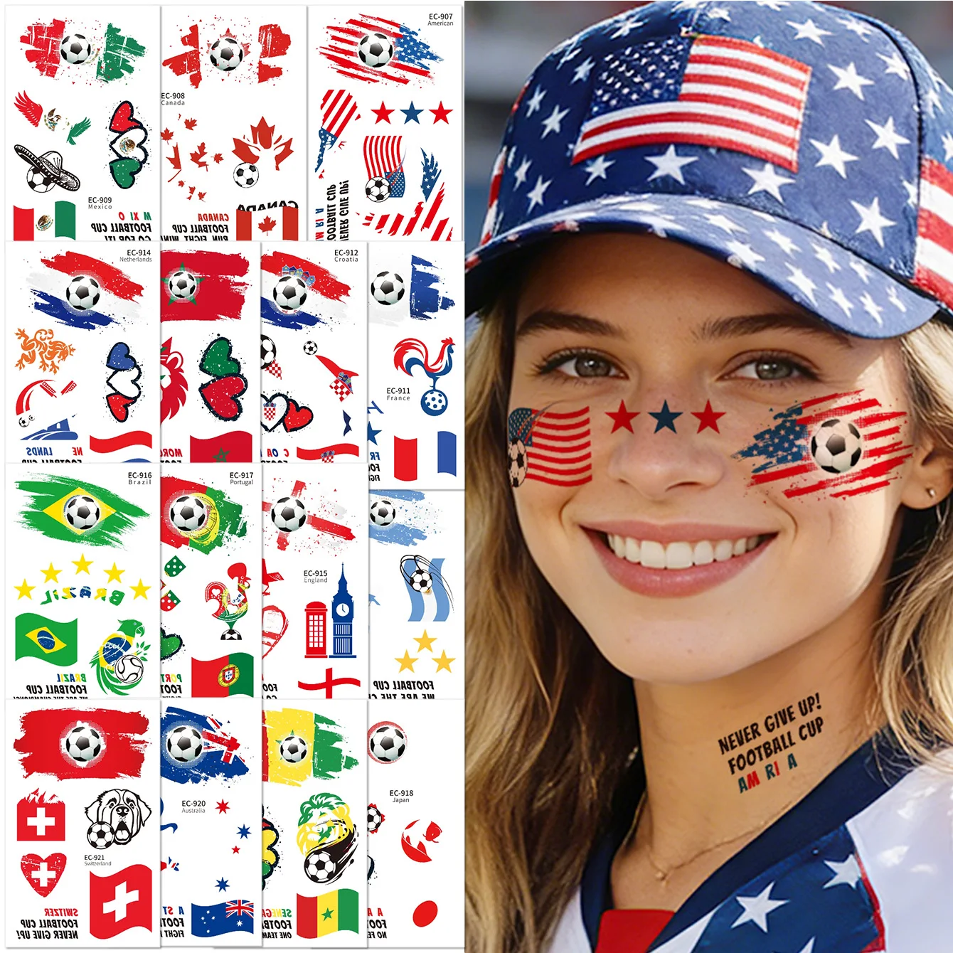 

10 Sheets 2026 North America Flag Temporary Tattoos Football Sports Face Stickers For Fans Festival Party Decor