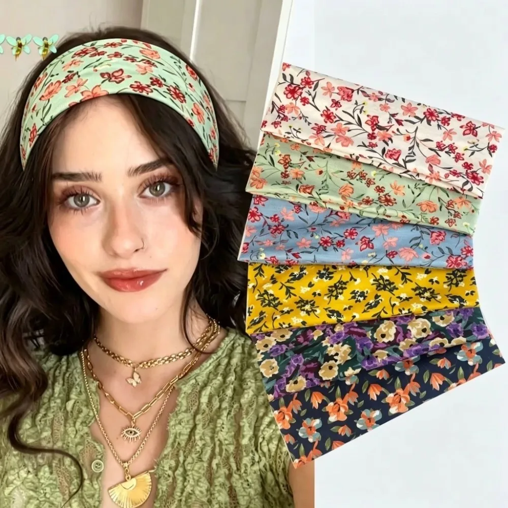 Floral Pattern Elastic Headband Elastic Stretch Wide Width Floral Hair Band Breathable Fabric Sweat Absorbent