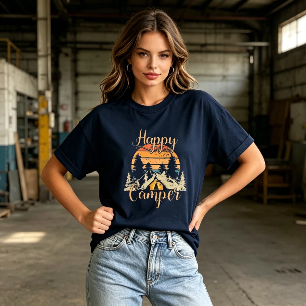 Retro Happy Camper Distressed Sunset Mountain Tent Print Short Sleeve Wilderness Outdoor Adventure Casual Tee Men Women Tshirt