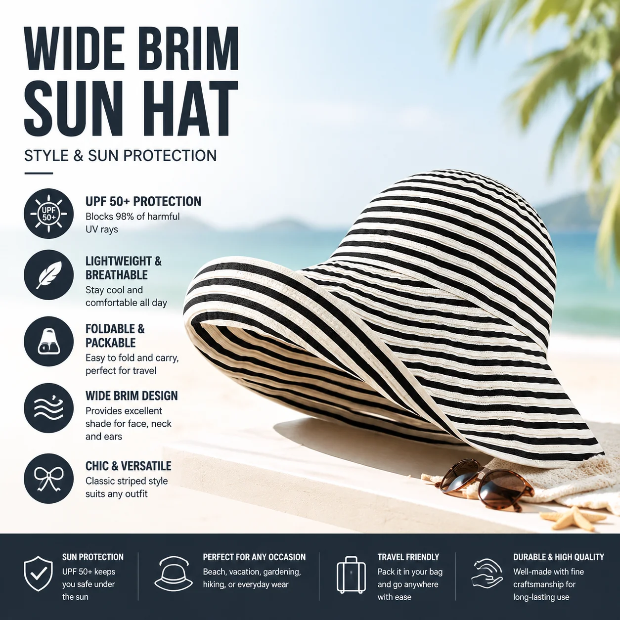 Neuer Sommer-Fischerhut für Damen mit mehrfarbigen Streifen und großer Krempe. Sommer-Sonnenschutzkappe für Damen mit breiter Krempe und UV-Schutz