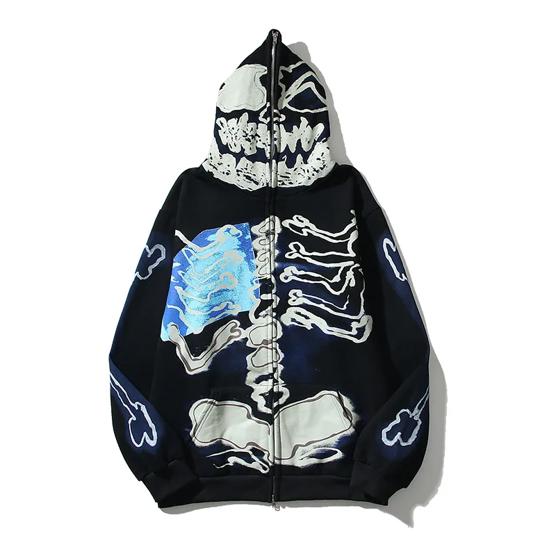 Cactus Jack Zipper Hoodie for Men Skull Print Pullover Hoodies Halloween Hip-hop Hooded Cardigan Zip Up Washed Y2k Clothes Man