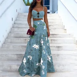 2 Pcs/Set Beach Crop Top Skirt Set Colorful Print Rich Colors Spaghetti Strap Floor Length Sleeveless Lady Tank Top Skirt Suit