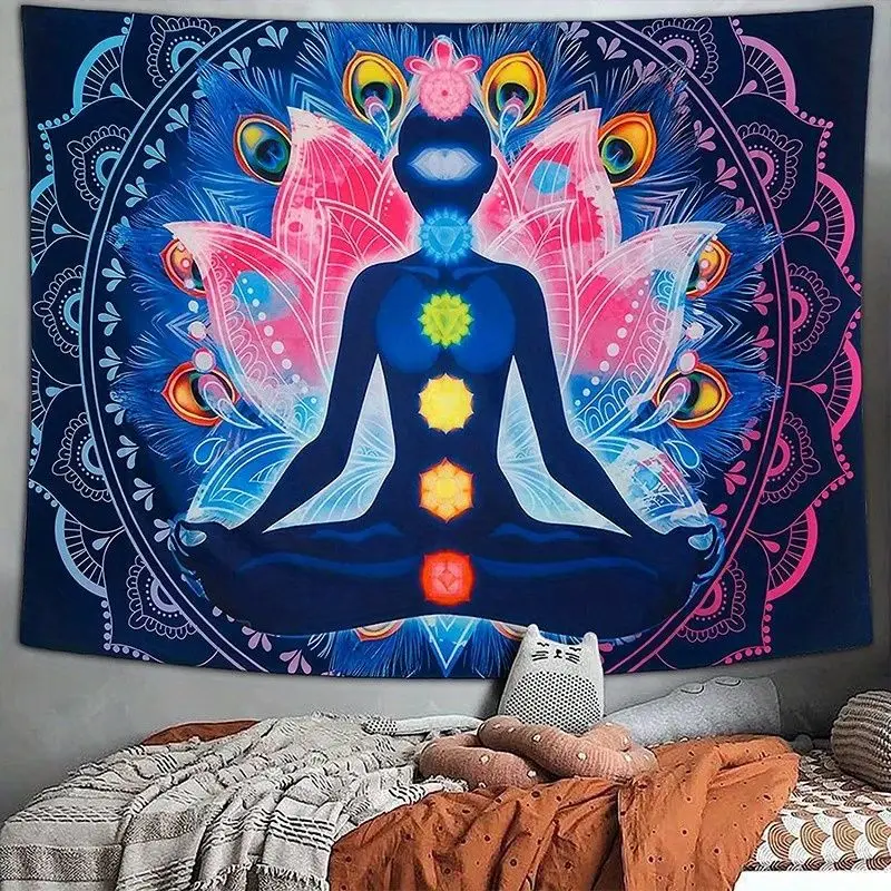 VIKAMA Chakra Yoga Tapestry Meditation Lotus Peacock Feather Mandala Wall Hanging Spiritual Yoga Boho Room Decor Poster
